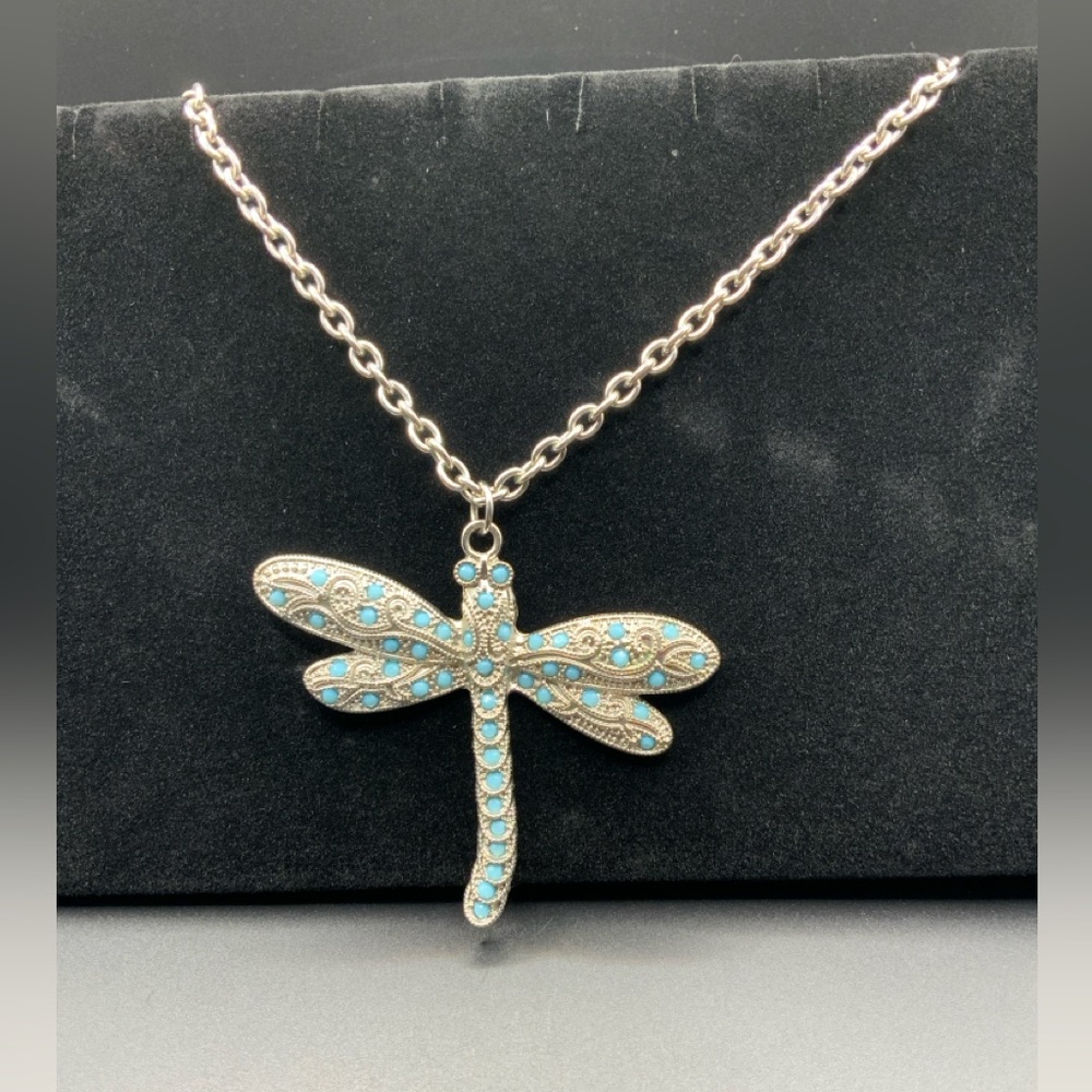 Large dragonfly pendant necklace silver tone 17”